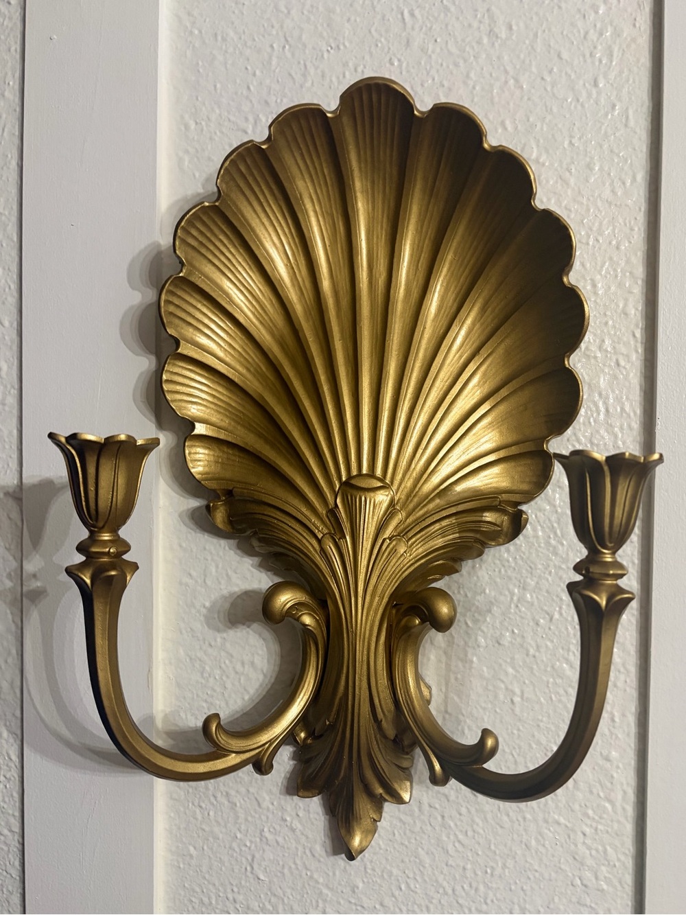 Vintage Art Deco Style Clam Shell Gold Tone Wall Sconce Candle Holder Wall Decor